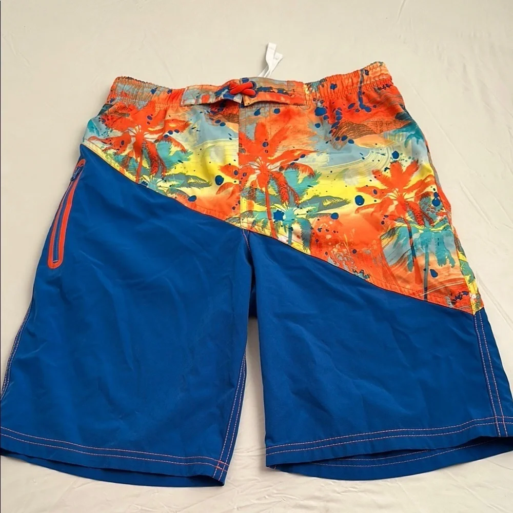 Wonder Nation multicolor blue orange palm tree color block quick dry swim trunks